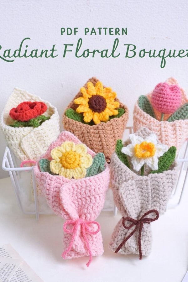 Floral crochet patterns bundle featuring colorful handmade flower bouquets