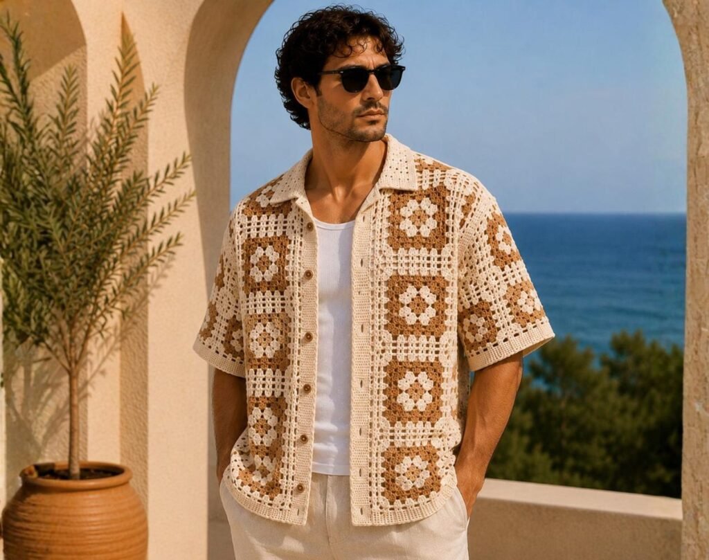 Free mens granny square crochet shirt pattern with vintage camp collar design