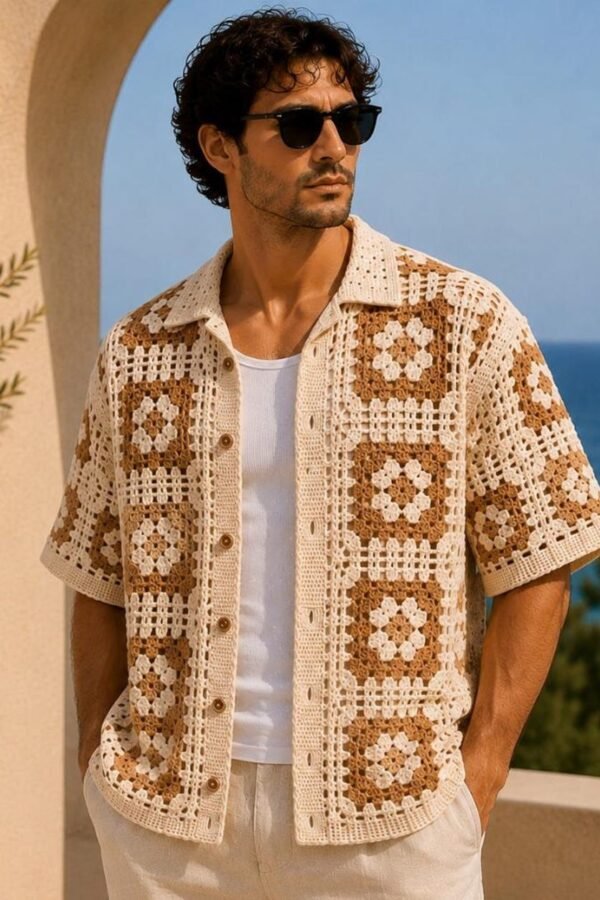 Free mens granny square crochet shirt pattern with vintage camp collar design