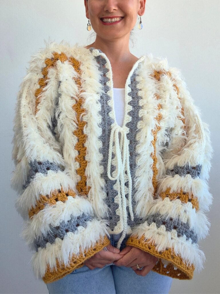 Free fringe crochet cardigan pattern with boho textured stripes and shaggy details