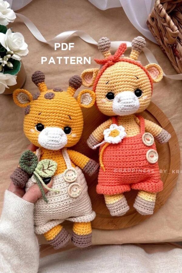 Adorable cuddle size giraffe crochet pattern amigurumi with floppy ears and button details