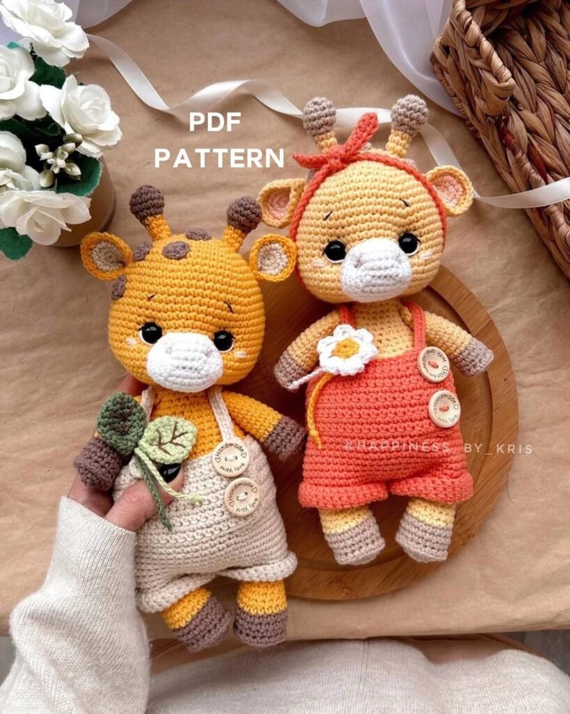 Adorable cuddle size giraffe crochet pattern amigurumi with floppy ears and button details