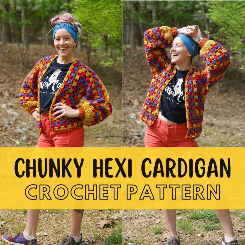 Free hexagon crochet cardigan pattern for chunky yarn in multiple sizes