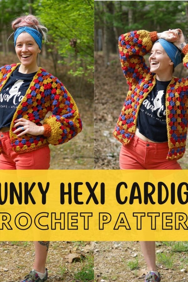 Free hexagon crochet cardigan pattern for chunky yarn in multiple sizes