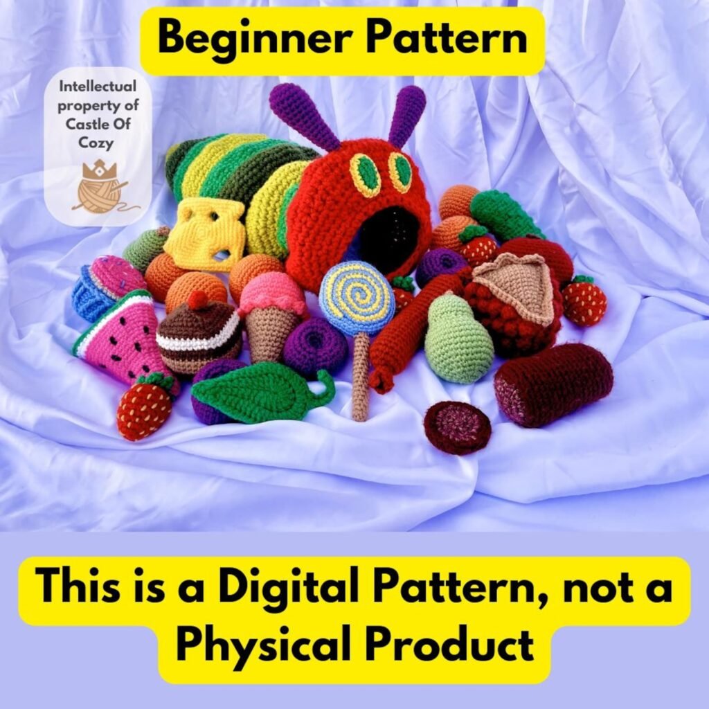 Hungry caterpillar crochet amigurumi pattern with colorful food items from storybook