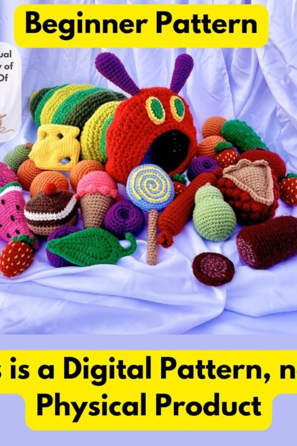 Hungry caterpillar crochet amigurumi pattern with colorful food items from storybook