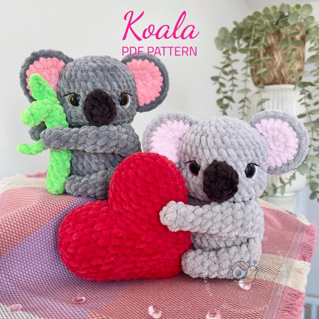 Adorable koala crochet pattern beginner friendly plushie with heart and bamboo options