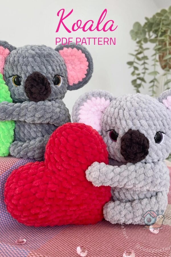 Adorable koala crochet pattern beginner friendly plushie with heart and bamboo options