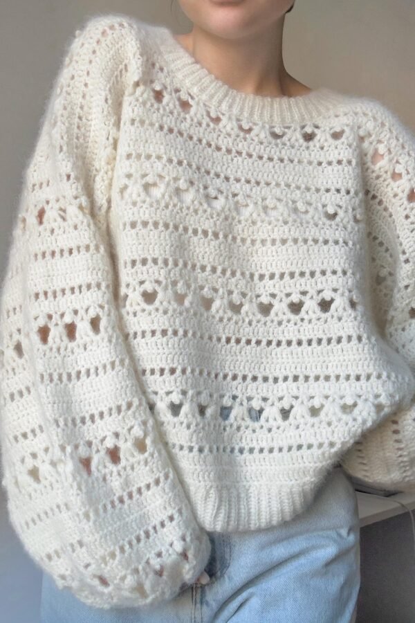 Beautiful lacy sweater crochet pattern with delicate oversized pullover design
