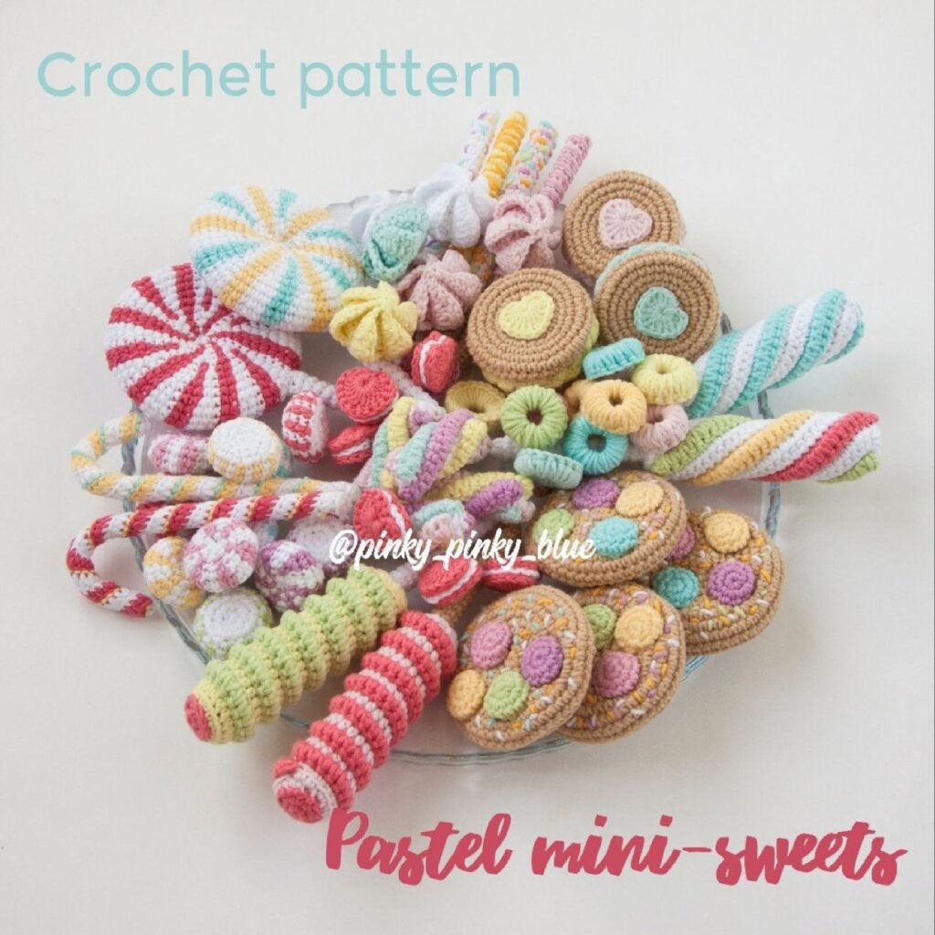 Free mini crochet pattern set featuring 13 pastel sweet treats and candies