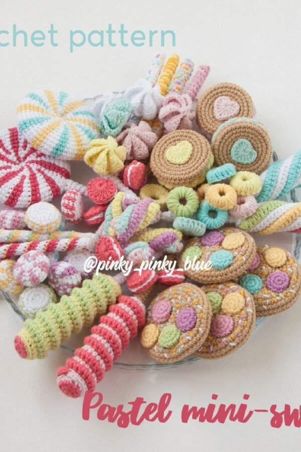 Free mini crochet pattern set featuring 13 pastel sweet treats and candies