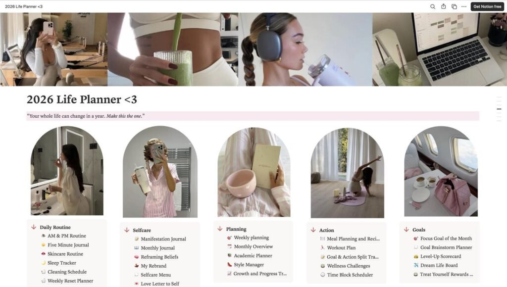 Notion life planner template 2026 with daily routines and wellness trackers