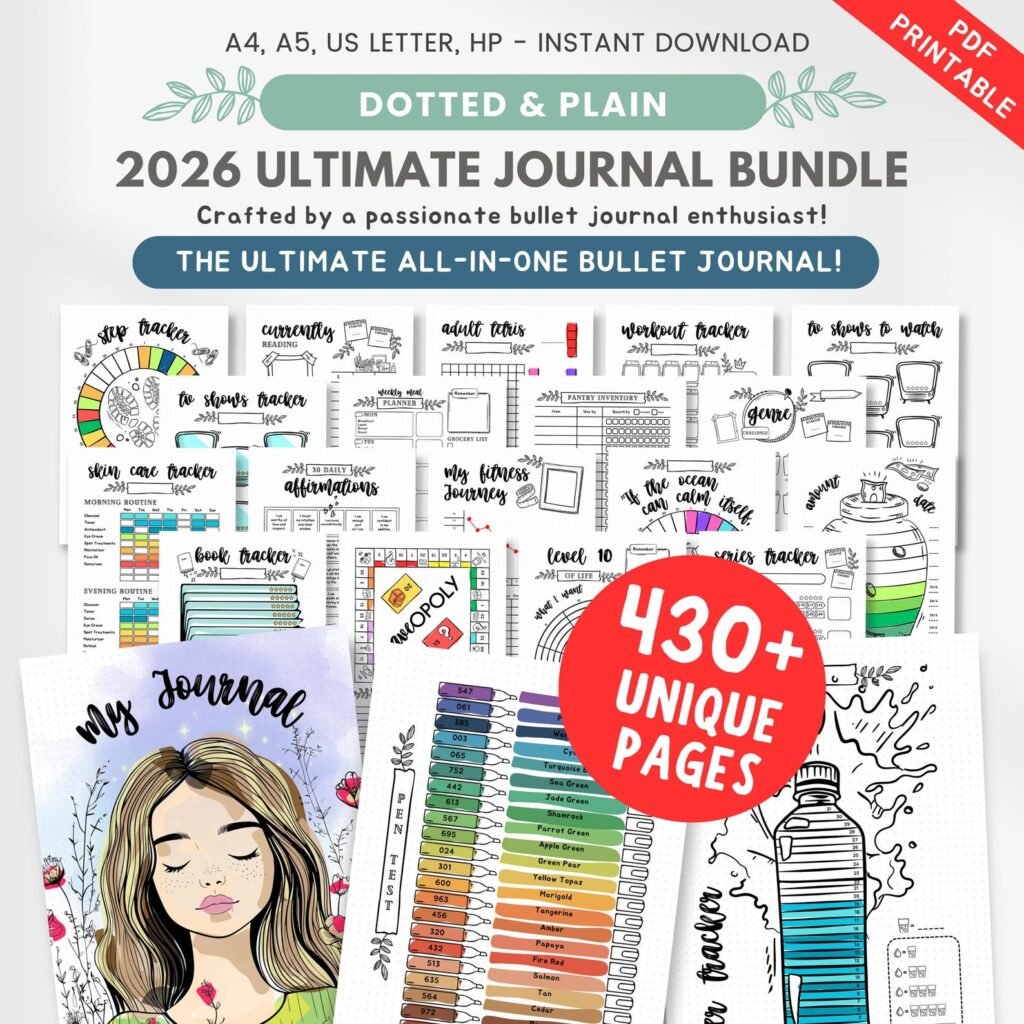 Printable journal bundle with 430+ pages including habit trackers and planner inserts