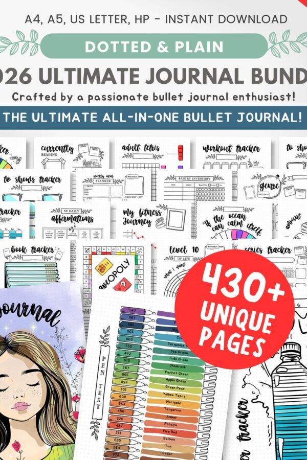 Printable journal bundle with 430+ pages including habit trackers and planner inserts