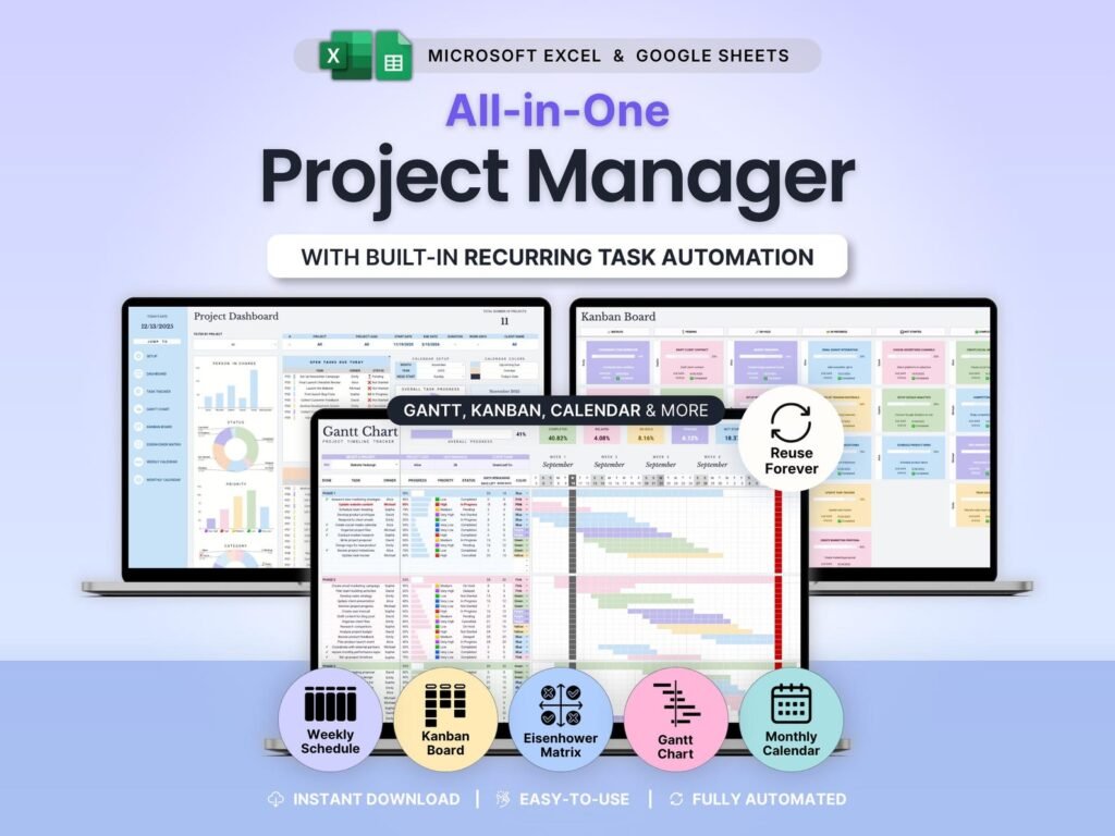Free project management spreadsheet with Gantt chart, Kanban board, and task tracker