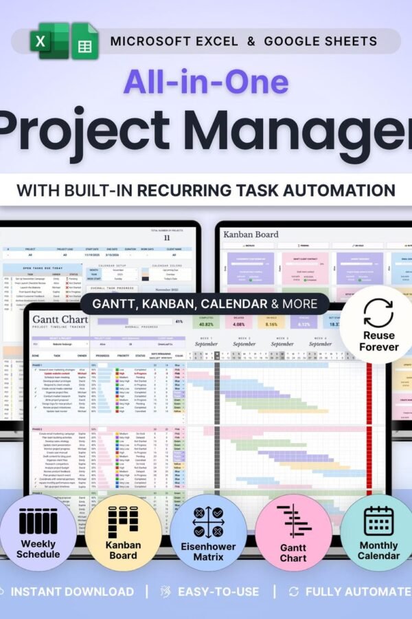 Free project management spreadsheet with Gantt chart, Kanban board, and task tracker