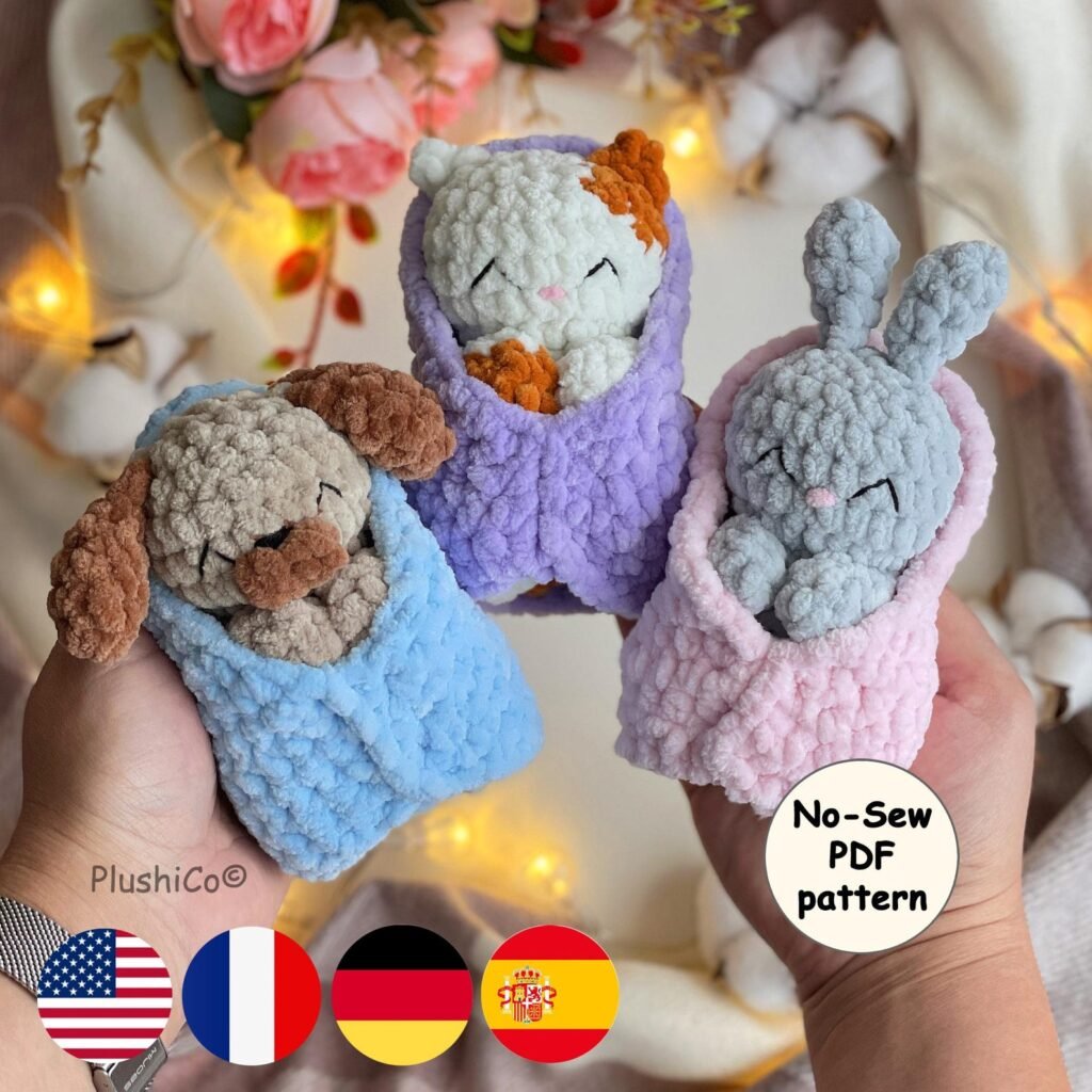 Sleeping amigurumi pattern featuring three cute plush animals tucked in blankets