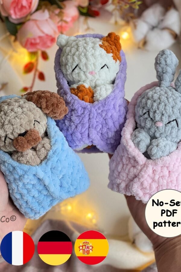 Sleeping amigurumi pattern featuring three cute plush animals tucked in blankets