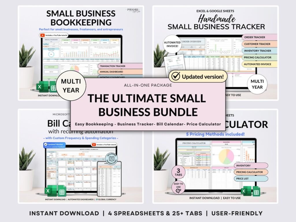 Small business spreadsheet bundle with bookkeeping and inventory tracking templates