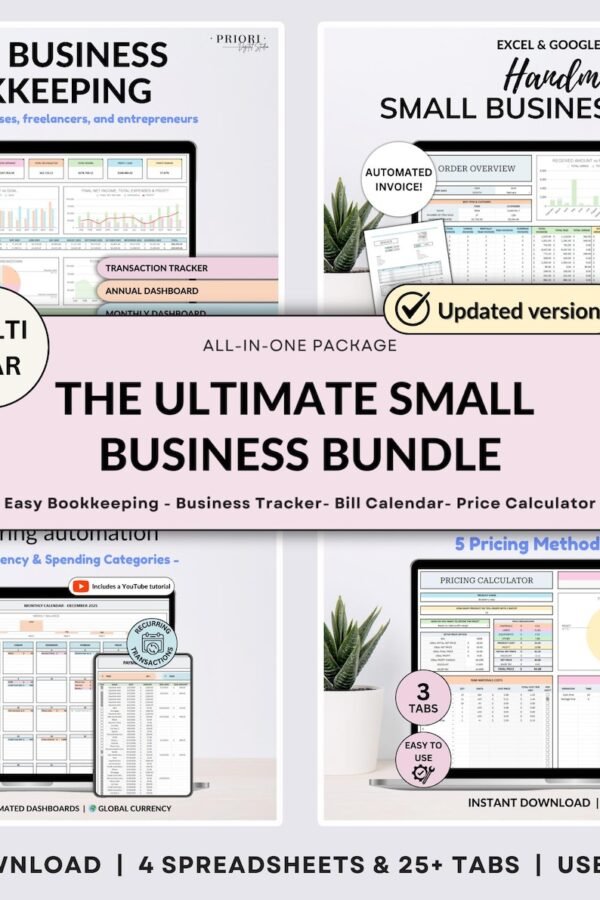 Small business spreadsheet bundle with bookkeeping and inventory tracking templates