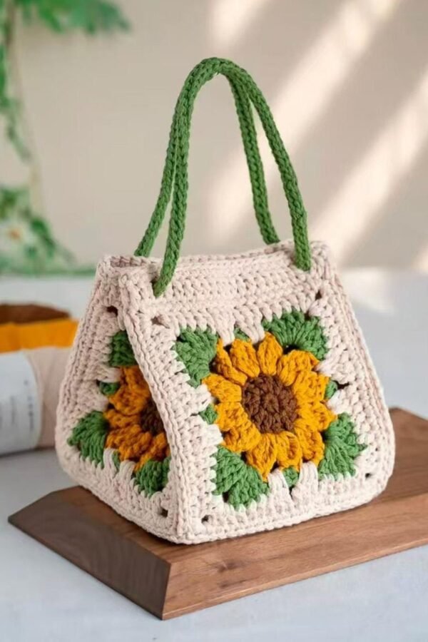 Sunflower crochet pattern granny square handbag tutorial with colorful yarn design