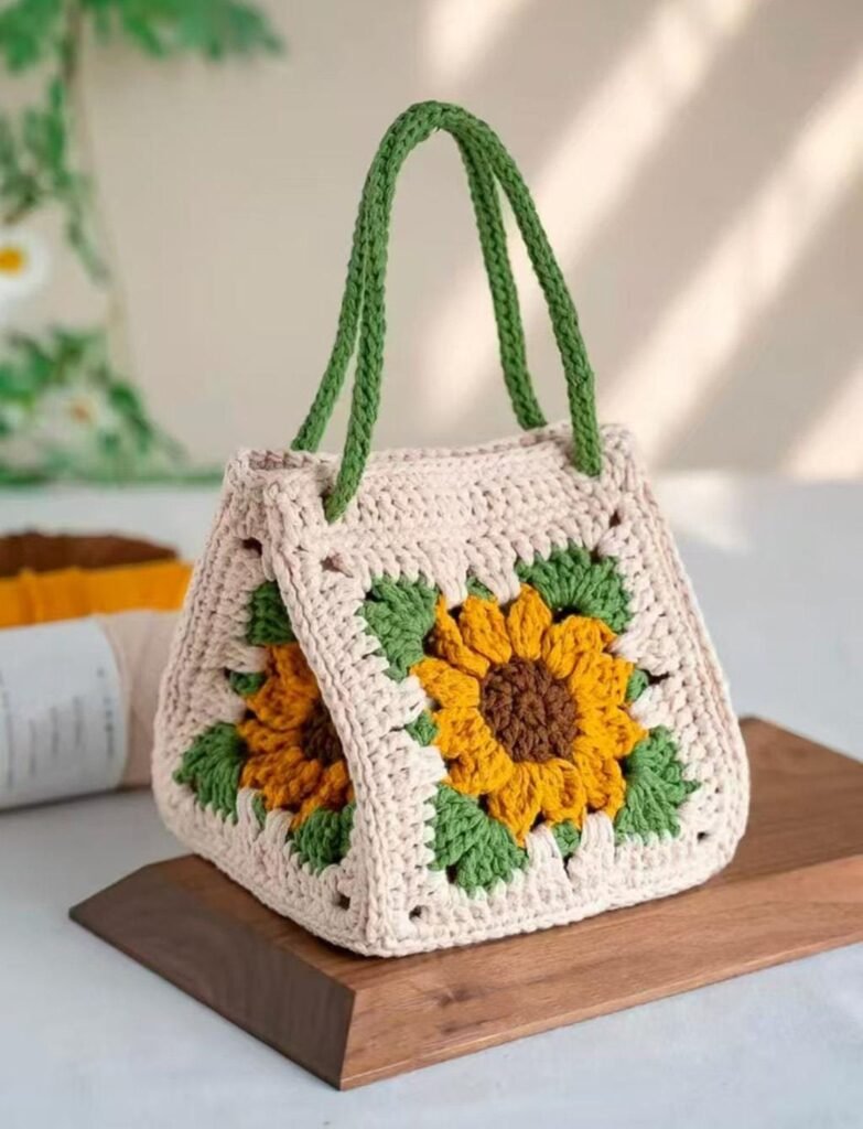 Sunflower crochet pattern granny square handbag tutorial with colorful yarn design