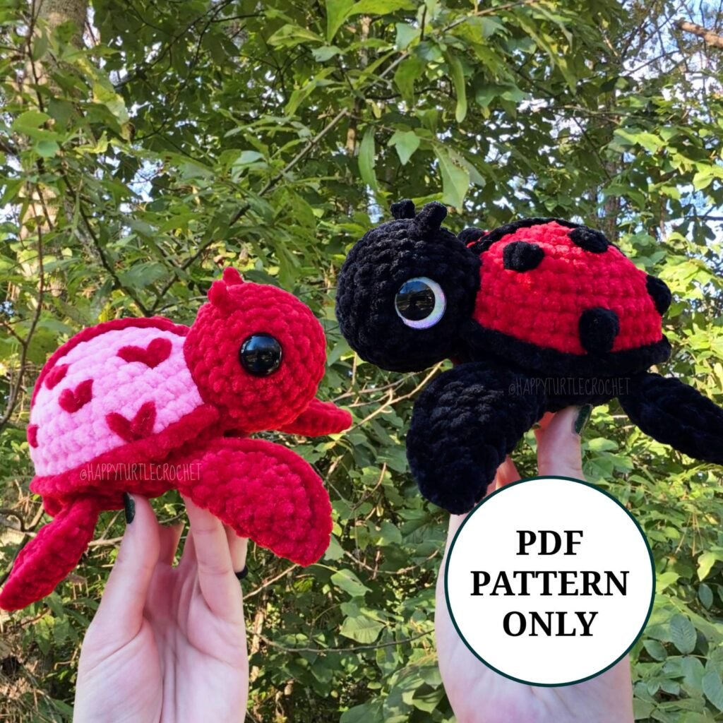Adorable handmade turtle crochet pattern in red and pink lovebug design