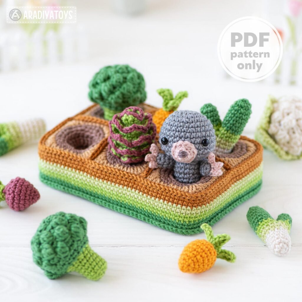 Adorable vegetable crochet pattern featuring amigurumi carrots, broccoli and beetroot