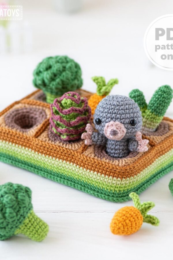 Adorable vegetable crochet pattern featuring amigurumi carrots, broccoli and beetroot