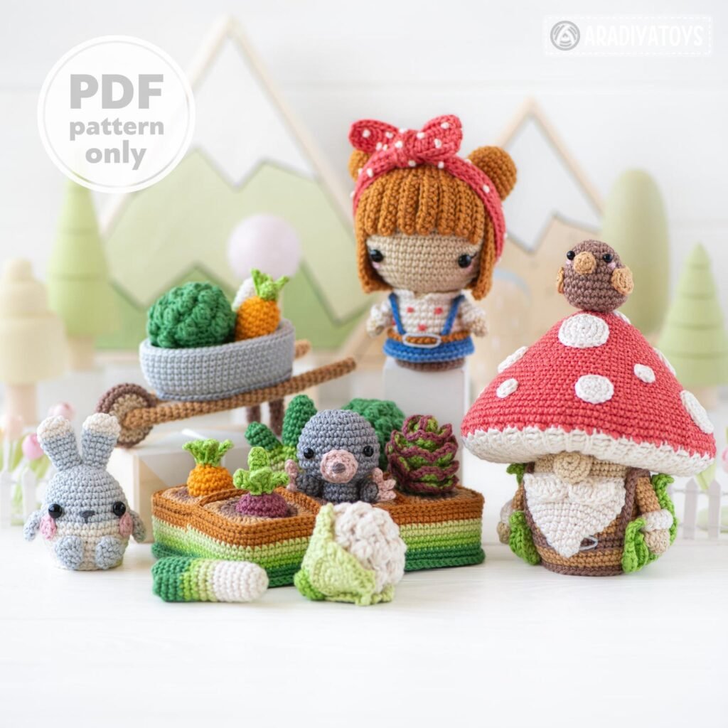 Vegetable garden crochet pattern featuring garden girl bunny gnome and wheelbarrow amigurumi