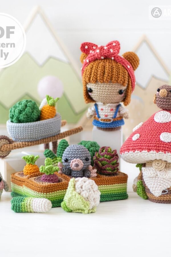 Vegetable garden crochet pattern featuring garden girl bunny gnome and wheelbarrow amigurumi