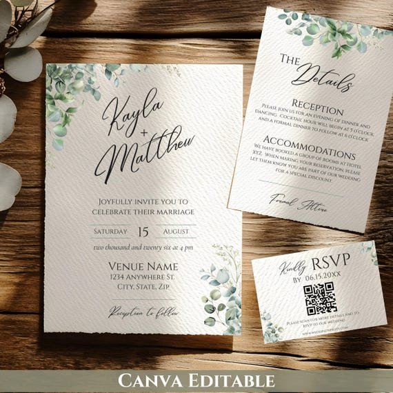 Free wedding invitation template suite with eucalyptus greenery for Canva